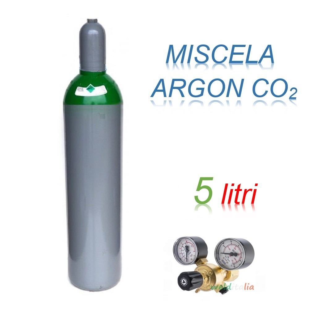 Bombola 5 litri miscela ARGON - CO2 Ricaricabile 200 bar EE + riduttore di pressione per saldatrice a filo