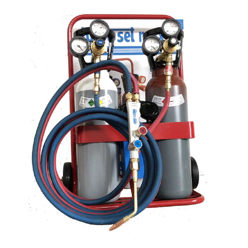 kit saldatura ossigeno acetilene carico completo riduttori, valvole  sicurezza, tubi e cannello con lancia