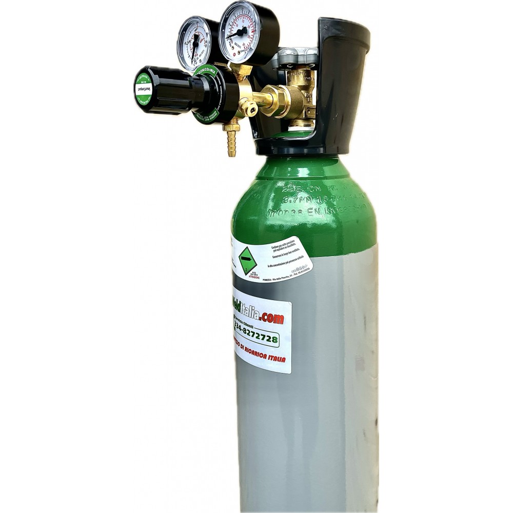 Bombola ricaricabile argon industriale da 14 litri carica a 200 bar classe 5.0 con valvola residuale e riduttore di pressione